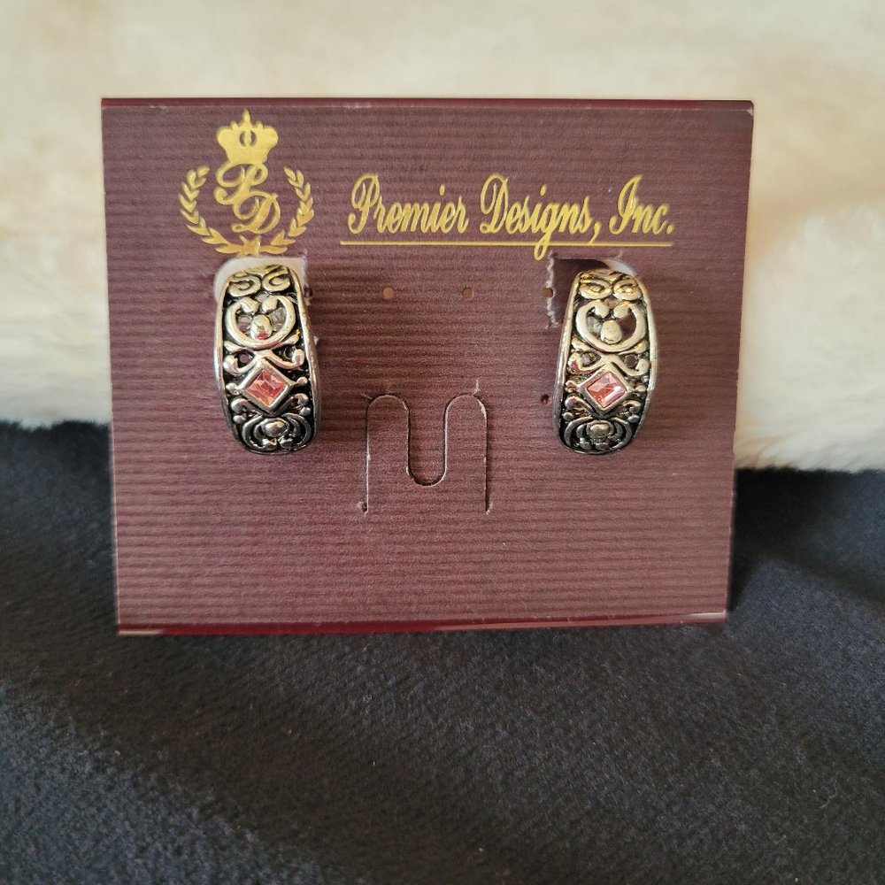 Premier Designs Valerie Clip-Po Earrings, Pink Stones, Silver, Vintage